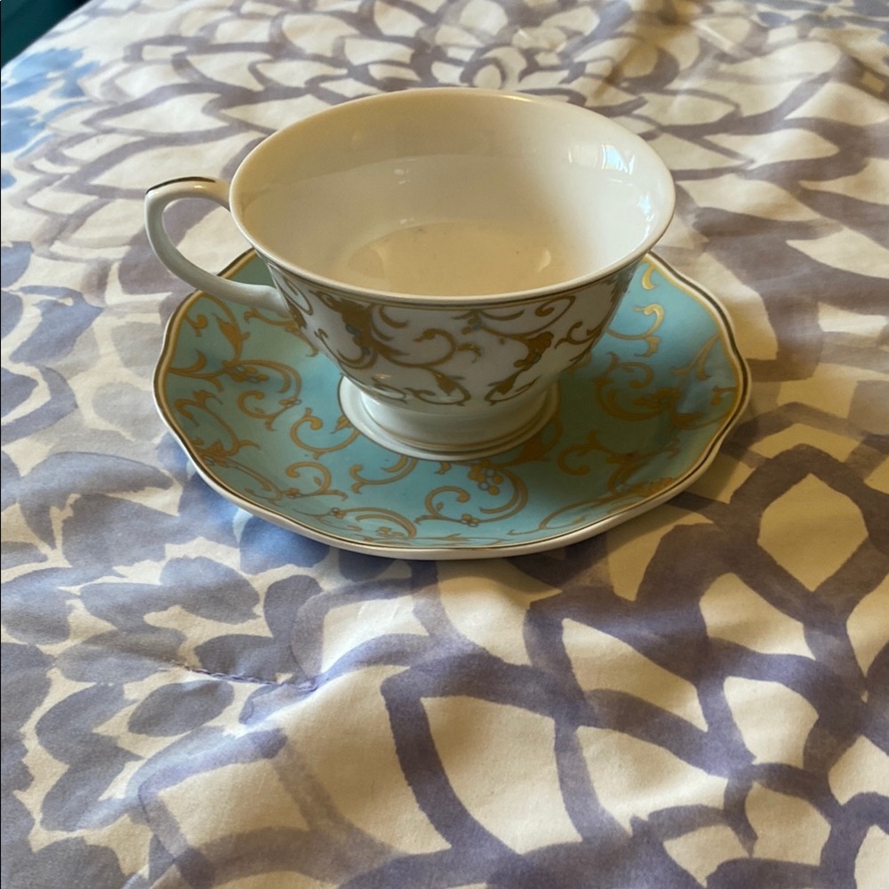Elegant Gold and Blue Patterned Cup and  Saucer